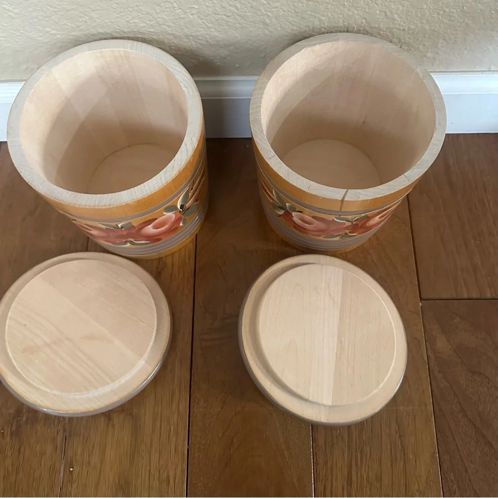 Vintage Hand-Painted Wooden Containers with Lids Soviet USSR Folk Art | Set of 2